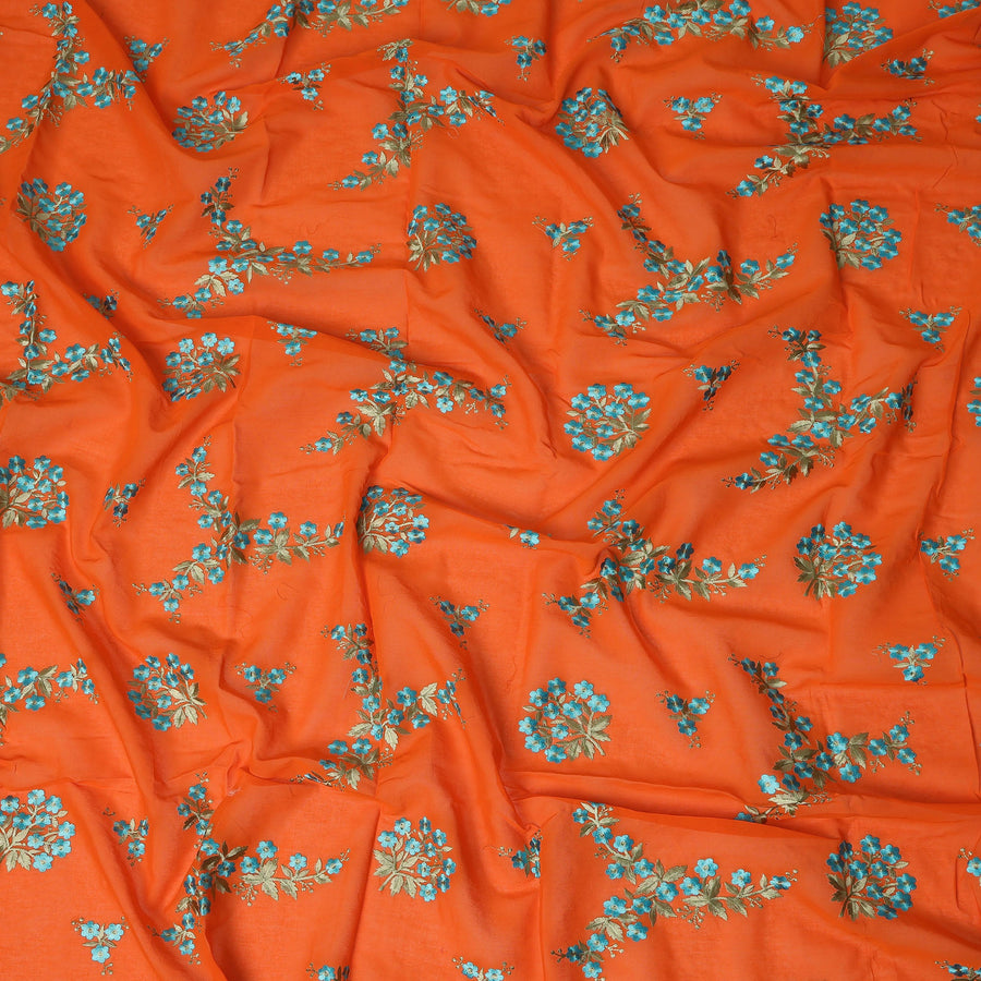 Bright Orange Traditional Sudanese Thobe Fabric Pure Cotton Voile 4.5 Meters Piece Width 140 Cms Soft Breathable Ethnic Wear Material with Elegant Blue Floral Embroidery Made in India-D27600
