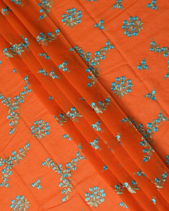 Bright Orange Traditional Sudanese Thobe Fabric Pure Cotton Voile 4.5 Meters Piece Width 140 Cms Soft Breathable Ethnic Wear Material with Elegant Blue Floral Embroidery Made in India-D27600