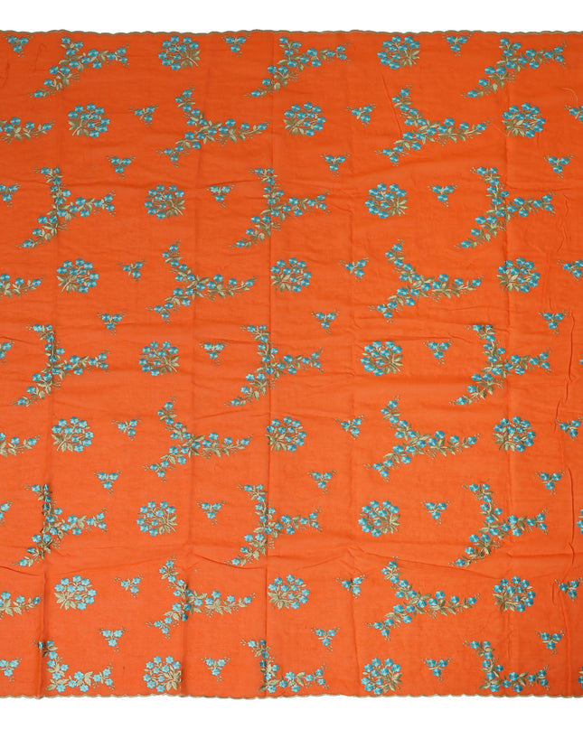 Bright Orange Traditional Sudanese Thobe Fabric Pure Cotton Voile 4.5 Meters Piece Width 140 Cms Soft Breathable Ethnic Wear Material with Elegant Blue Floral Embroidery Made in India-D27600