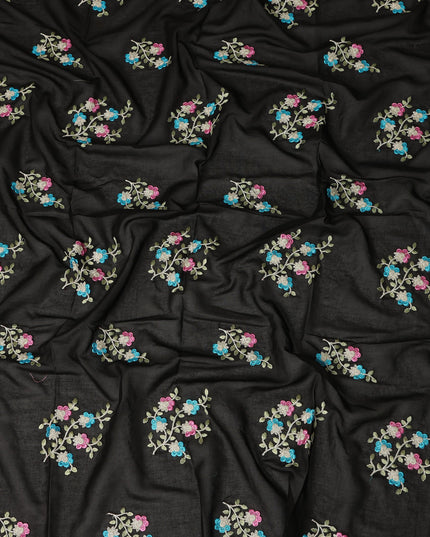 Black Traditional Sudanese Thobe Fabric Pure Cotton Voile 4.5 Meters Piece Width 140 Cms Soft Lightweight Breathable Ethnic Wear Material with Multicolor Floral Embroidery Made in India-D27611