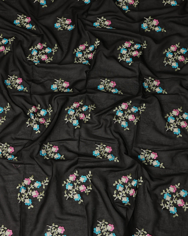 Black Traditional Sudanese Thobe Fabric Pure Cotton Voile 4.5 Meters Piece Width 140 Cms Soft Lightweight Breathable Ethnic Wear Material with Multicolor Floral Embroidery Made in India-D27611