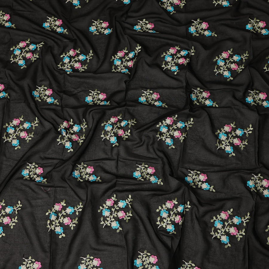 Black Traditional Sudanese Thobe Fabric Pure Cotton Voile 4.5 Meters Piece Width 140 Cms Soft Lightweight Breathable Ethnic Wear Material with Multicolor Floral Embroidery Made in India-D27611