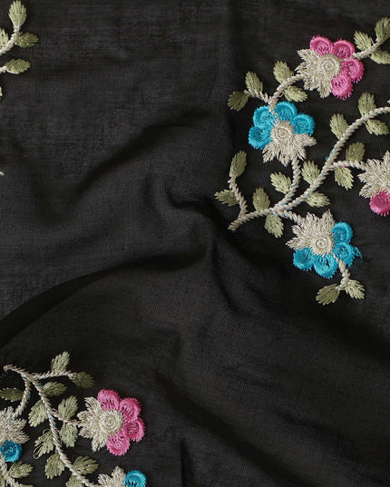 Black Traditional Sudanese Thobe Fabric Pure Cotton Voile 4.5 Meters Piece Width 140 Cms Soft Lightweight Breathable Ethnic Wear Material with Multicolor Floral Embroidery Made in India-D27611