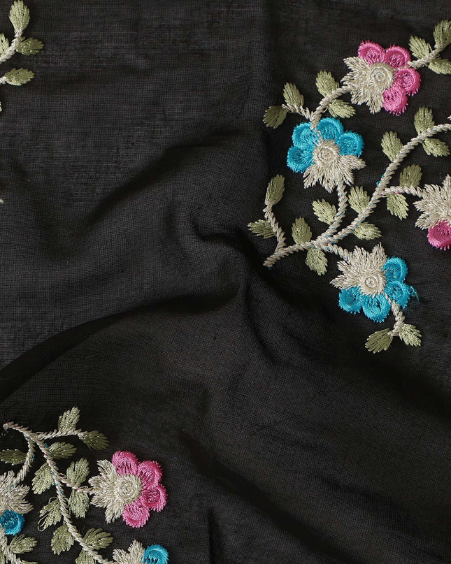 Black Traditional Sudanese Thobe Fabric Pure Cotton Voile 4.5 Meters Piece Width 140 Cms Soft Lightweight Breathable Ethnic Wear Material with Multicolor Floral Embroidery Made in India-D27611