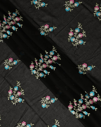 Black Traditional Sudanese Thobe Fabric Pure Cotton Voile 4.5 Meters Piece Width 140 Cms Soft Lightweight Breathable Ethnic Wear Material with Multicolor Floral Embroidery Made in India-D27611