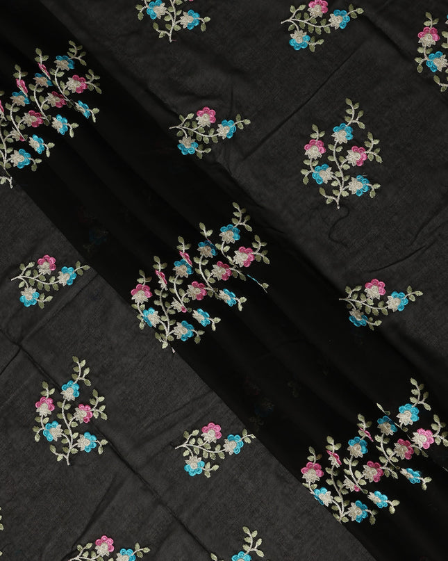 Black Traditional Sudanese Thobe Fabric Pure Cotton Voile 4.5 Meters Piece Width 140 Cms Soft Lightweight Breathable Ethnic Wear Material with Multicolor Floral Embroidery Made in India-D27611