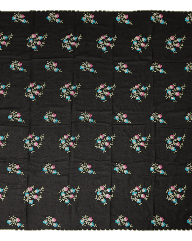 Black Traditional Sudanese Thobe Fabric Pure Cotton Voile 4.5 Meters Piece Width 140 Cms Soft Lightweight Breathable Ethnic Wear Material with Multicolor Floral Embroidery Made in India-D27611