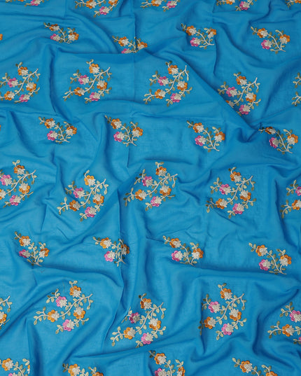 Sky Blue Traditional Sudanese Thobe Fabric Pure Cotton Voile 4.5 Meters Piece Width 140 Cms Soft Breathable Ethnic Wear Material with Multicolor Floral Embroidery Made in India-D27610