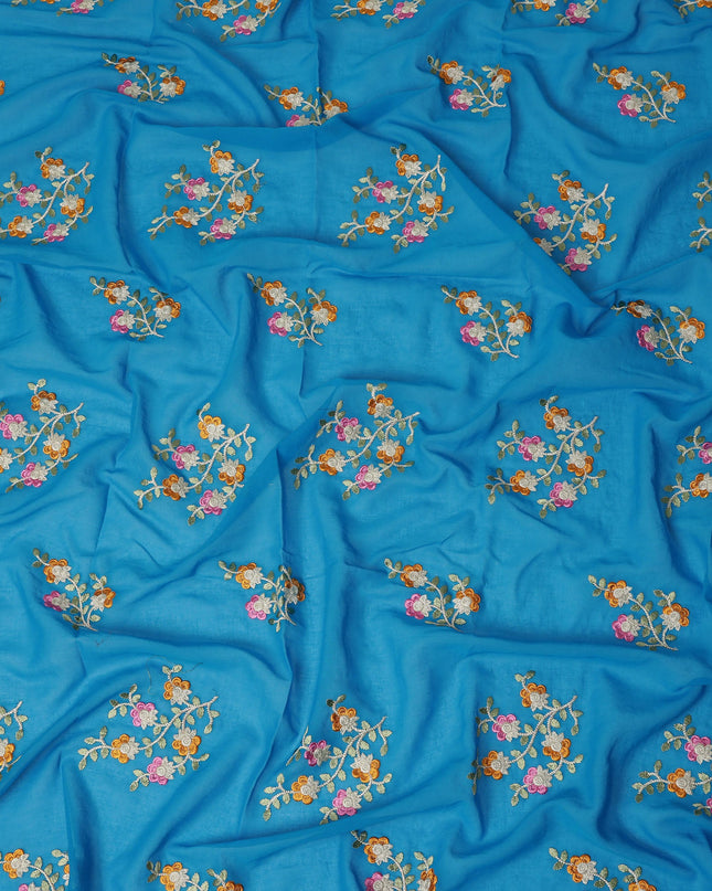 Sky Blue Traditional Sudanese Thobe Fabric Pure Cotton Voile 4.5 Meters Piece Width 140 Cms Soft Breathable Ethnic Wear Material with Multicolor Floral Embroidery Made in India-D27610