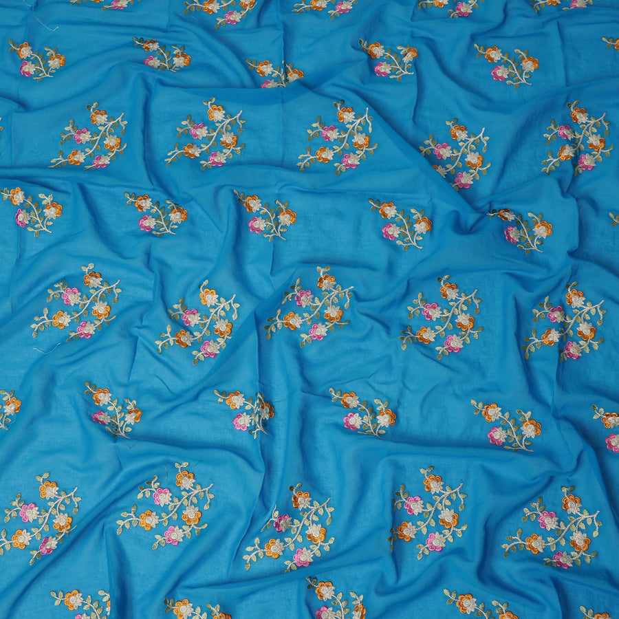 Sky Blue Traditional Sudanese Thobe Fabric Pure Cotton Voile 4.5 Meters Piece Width 140 Cms Soft Breathable Ethnic Wear Material with Multicolor Floral Embroidery Made in India-D27610