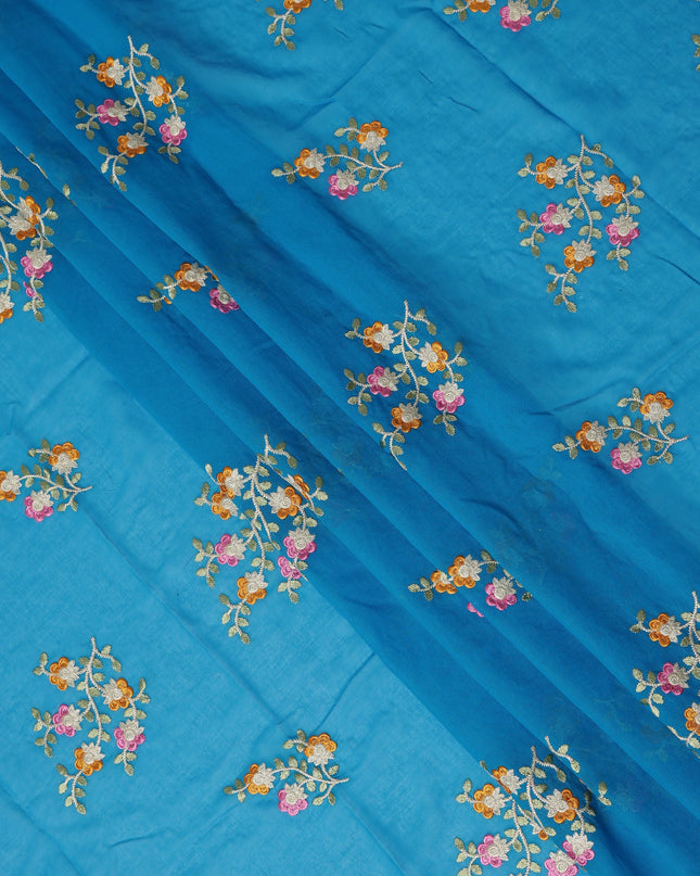 Sky Blue Traditional Sudanese Thobe Fabric Pure Cotton Voile 4.5 Meters Piece Width 140 Cms Soft Breathable Ethnic Wear Material with Multicolor Floral Embroidery Made in India-D27610