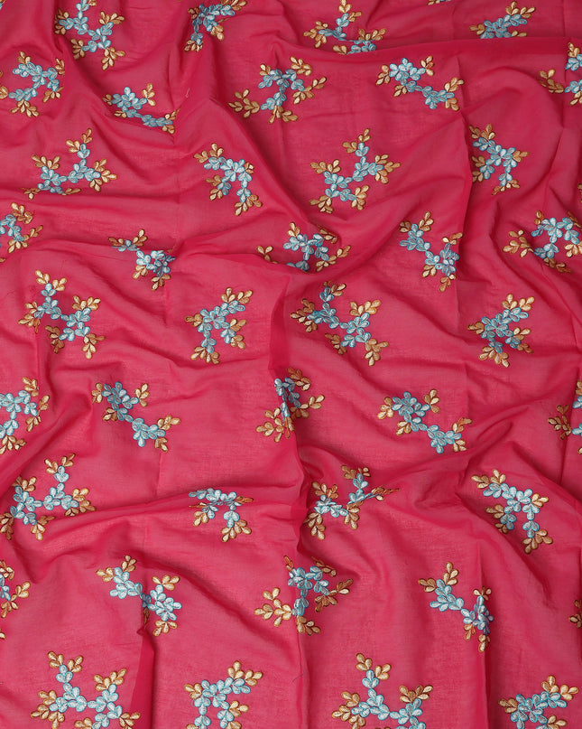 Fuchsia Pink Traditional Sudanese Thobe Fabric Pure Cotton Voile 4.5 Meters Piece Width 140 Cms Soft Breathable Ethnic Wear Material with Elegant Floral Embroidery Made in India-D27607