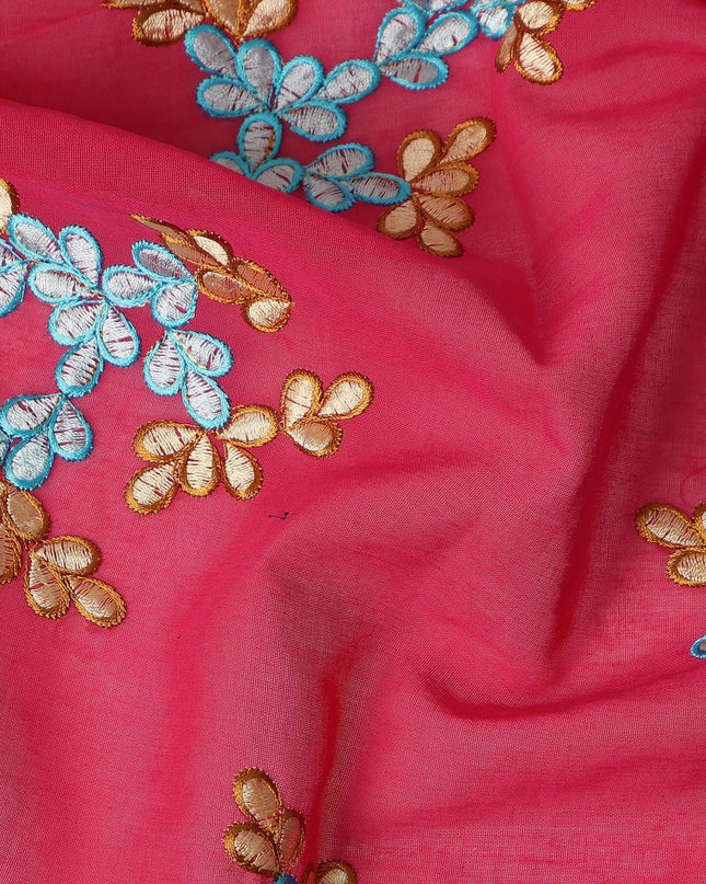 Fuchsia Pink Traditional Sudanese Thobe Fabric Pure Cotton Voile 4.5 Meters Piece Width 140 Cms Soft Breathable Ethnic Wear Material with Elegant Floral Embroidery Made in India-D27607