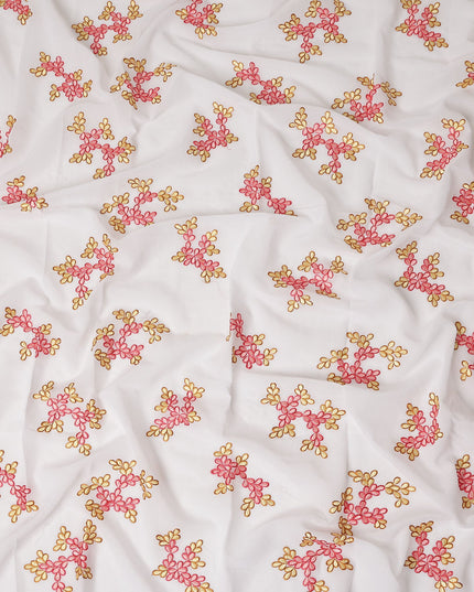 White Traditional Sudanese Thobe Fabric Pure Cotton Voile 4.5 Meters Piece Width 140 Cms Soft Lightweight Breathable Ethnic Wear Material with Pink and Gold Floral Embroidery Made in India-D27612