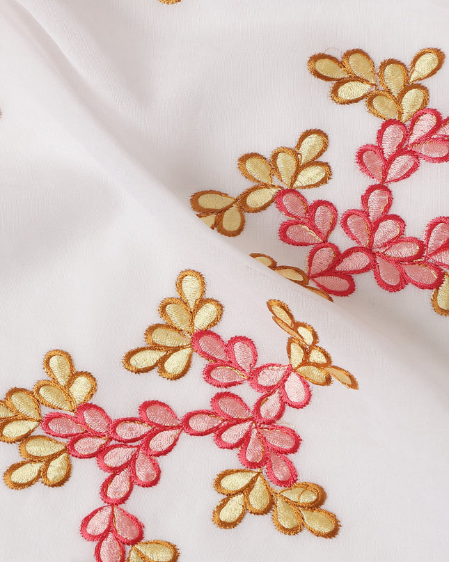 White Traditional Sudanese Thobe Fabric Pure Cotton Voile 4.5 Meters Piece Width 140 Cms Soft Lightweight Breathable Ethnic Wear Material with Pink and Gold Floral Embroidery Made in India-D27612