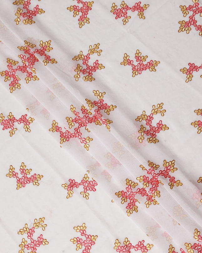 White Traditional Sudanese Thobe Fabric Pure Cotton Voile 4.5 Meters Piece Width 140 Cms Soft Lightweight Breathable Ethnic Wear Material with Pink and Gold Floral Embroidery Made in India-D27612