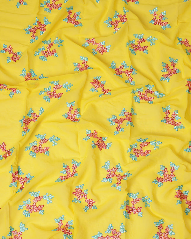 Bright Yellow Traditional Sudanese Thobe Fabric Pure Cotton Voile 4.5 Meters Piece Width 140 Cms Soft Breathable Ethnic Wear Material with Colorful Floral Embroidery Made in India-D27609