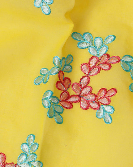 Bright Yellow Traditional Sudanese Thobe Fabric Pure Cotton Voile 4.5 Meters Piece Width 140 Cms Soft Breathable Ethnic Wear Material with Colorful Floral Embroidery Made in India-D27609