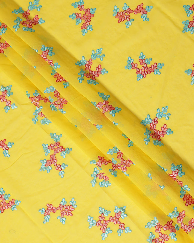 Bright Yellow Traditional Sudanese Thobe Fabric Pure Cotton Voile 4.5 Meters Piece Width 140 Cms Soft Breathable Ethnic Wear Material with Colorful Floral Embroidery Made in India-D27609