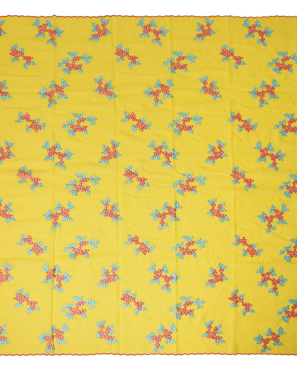 Bright Yellow Traditional Sudanese Thobe Fabric Pure Cotton Voile 4.5 Meters Piece Width 140 Cms Soft Breathable Ethnic Wear Material with Colorful Floral Embroidery Made in India-D27609
