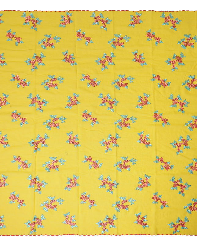 Bright Yellow Traditional Sudanese Thobe Fabric Pure Cotton Voile 4.5 Meters Piece Width 140 Cms Soft Breathable Ethnic Wear Material with Colorful Floral Embroidery Made in India-D27609