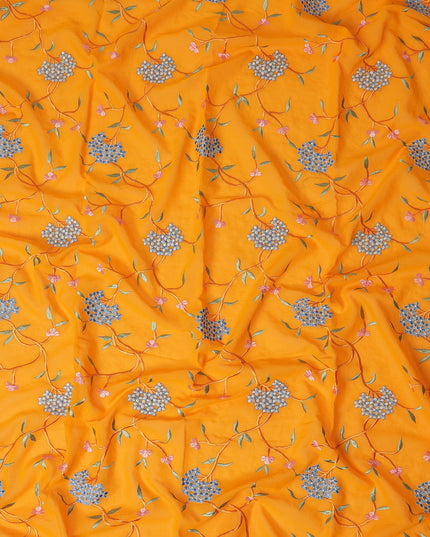 Saffron Orange Traditional Sudanese Thobe Fabric Pure Cotton Voile 4.5 Meters Piece Width 140 Cms Soft Breathable Ethnic Wear Material with Elegant Floral Embroidery Made in India-D27598