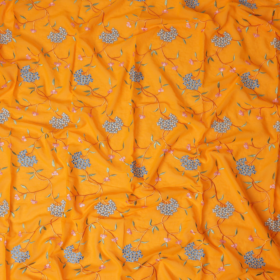 Saffron Orange Traditional Sudanese Thobe Fabric Pure Cotton Voile 4.5 Meters Piece Width 140 Cms Soft Breathable Ethnic Wear Material with Elegant Floral Embroidery Made in India-D27598