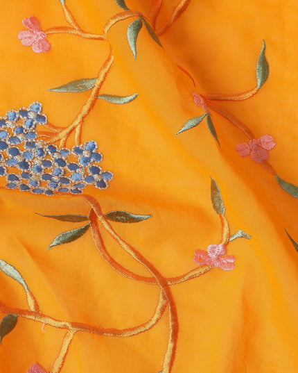 Saffron Orange Traditional Sudanese Thobe Fabric Pure Cotton Voile 4.5 Meters Piece Width 140 Cms Soft Breathable Ethnic Wear Material with Elegant Floral Embroidery Made in India-D27598
