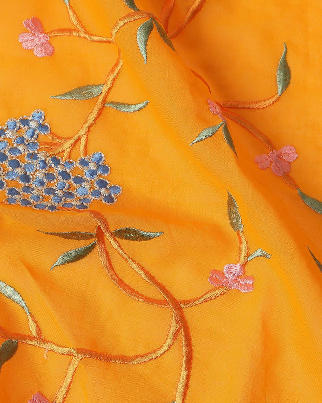 Saffron Orange Traditional Sudanese Thobe Fabric Pure Cotton Voile 4.5 Meters Piece Width 140 Cms Soft Breathable Ethnic Wear Material with Elegant Floral Embroidery Made in India-D27598