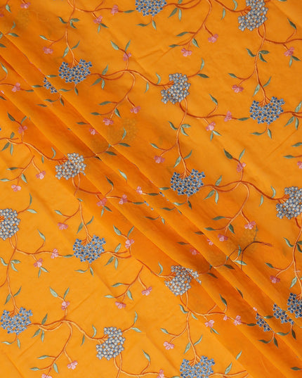 Saffron Orange Traditional Sudanese Thobe Fabric Pure Cotton Voile 4.5 Meters Piece Width 140 Cms Soft Breathable Ethnic Wear Material with Elegant Floral Embroidery Made in India-D27598