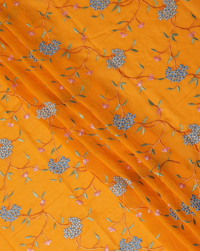 Saffron Orange Traditional Sudanese Thobe Fabric Pure Cotton Voile 4.5 Meters Piece Width 140 Cms Soft Breathable Ethnic Wear Material with Elegant Floral Embroidery Made in India-D27598