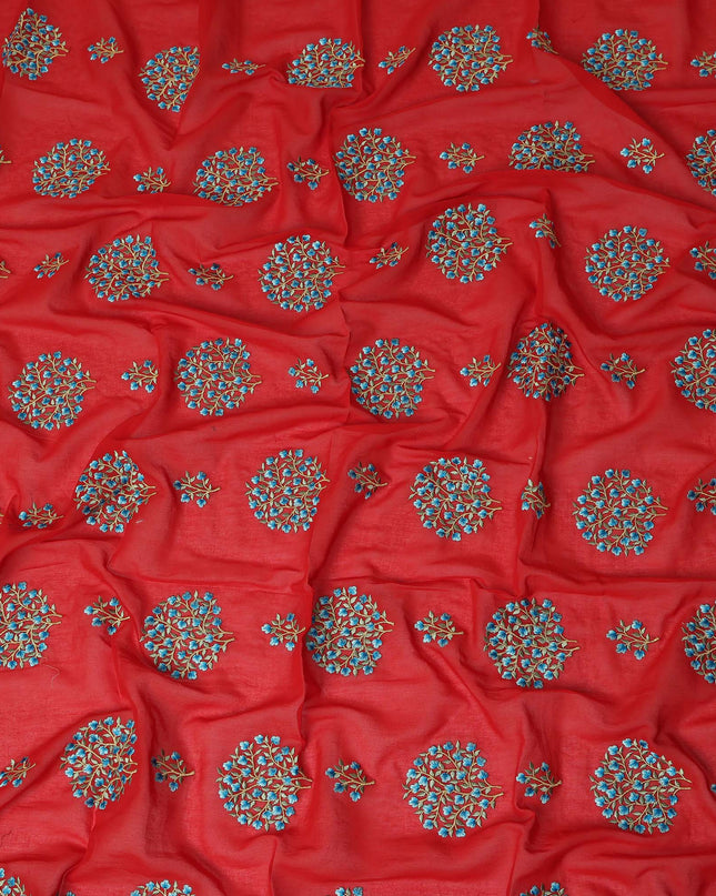 Red Traditional Sudanese Thobe Fabric Pure Cotton Voile 4.5 Meters Piece Width 140 Cms Soft Breathable Ethnic Wear Material with Intricate Blue Floral Motifs Made in India-D27596