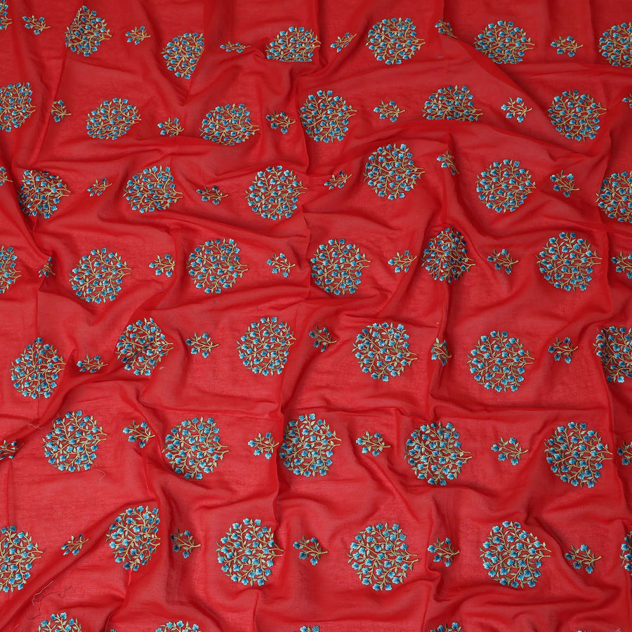 Red Traditional Sudanese Thobe Fabric Pure Cotton Voile 4.5 Meters Piece Width 140 Cms Soft Breathable Ethnic Wear Material with Intricate Blue Floral Motifs Made in India-D27596 Regal Fabrics