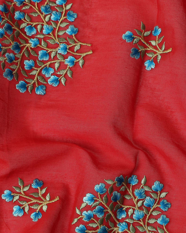Red Traditional Sudanese Thobe Fabric Pure Cotton Voile 4.5 Meters Piece Width 140 Cms Soft Breathable Ethnic Wear Material with Intricate Blue Floral Motifs Made in India-D27596
