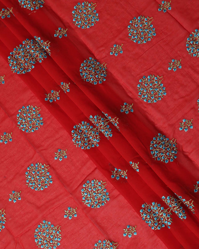 Red Traditional Sudanese Thobe Fabric Pure Cotton Voile 4.5 Meters Piece Width 140 Cms Soft Breathable Ethnic Wear Material with Intricate Blue Floral Motifs Made in India-D27596