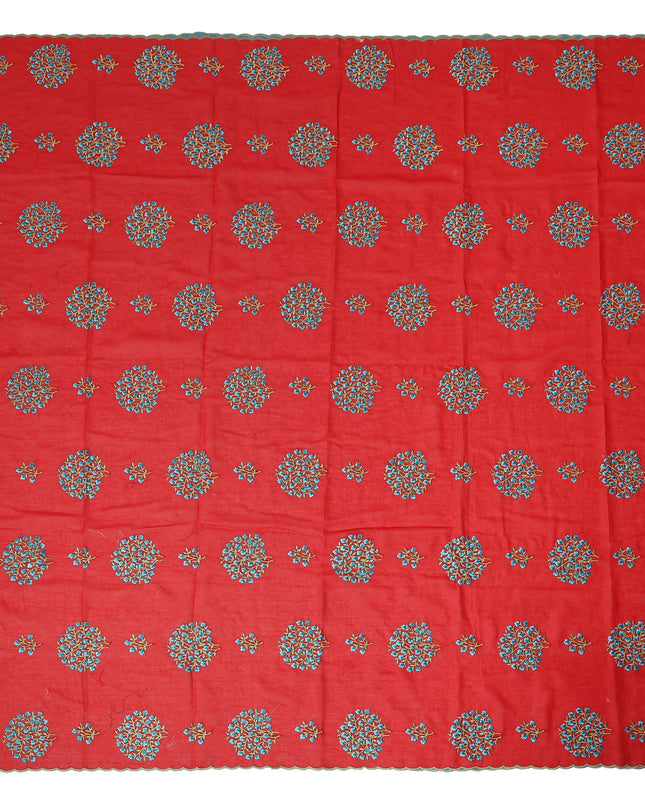 Red Traditional Sudanese Thobe Fabric Pure Cotton Voile 4.5 Meters Piece Width 140 Cms Soft Breathable Ethnic Wear Material with Intricate Blue Floral Motifs Made in India-D27596