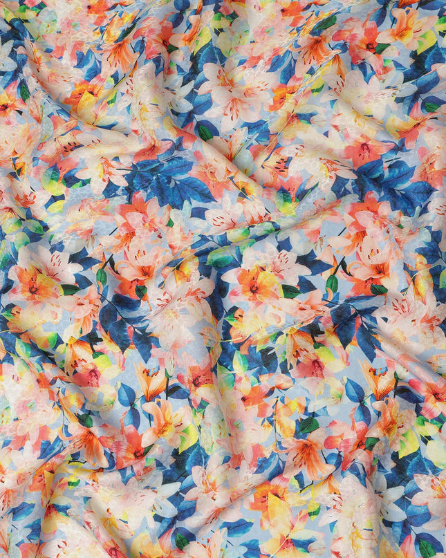 Sky Blue Multicolor Floral Printed Viscose Crepe Fabric 110 Cms Width Soft Flowing Lightweight Dress Material India-D27915