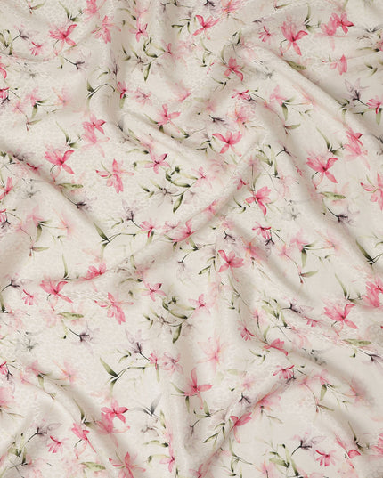Off White Pink Floral Printed Viscose Crepe Fabric 110 Cms Width Soft Flowing Lightweight Dress Material India-D27913