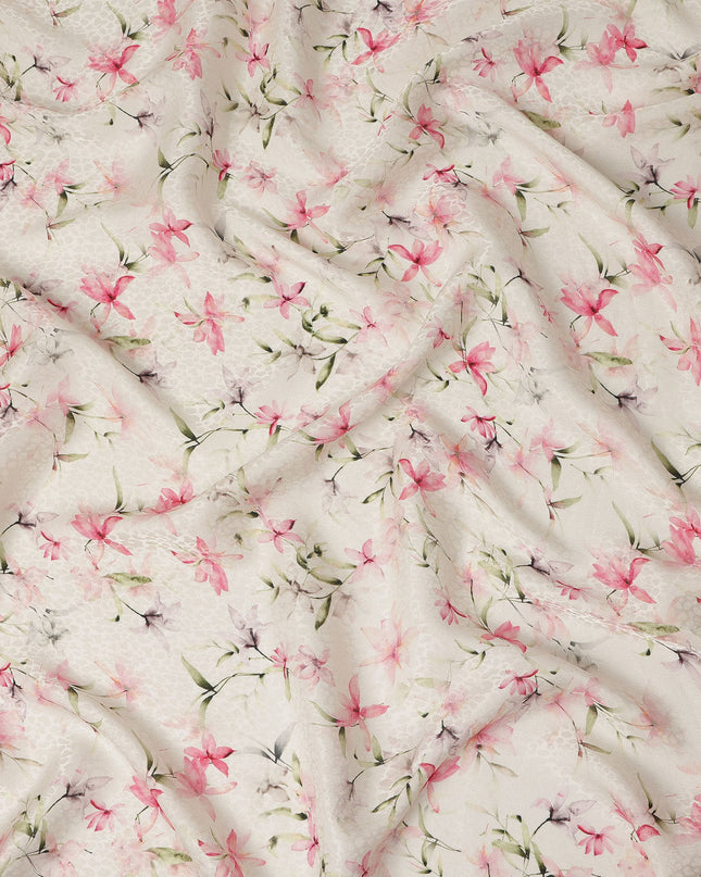 Off White Pink Floral Printed Viscose Crepe Fabric 110 Cms Width Soft Flowing Lightweight Dress Material India-D27913