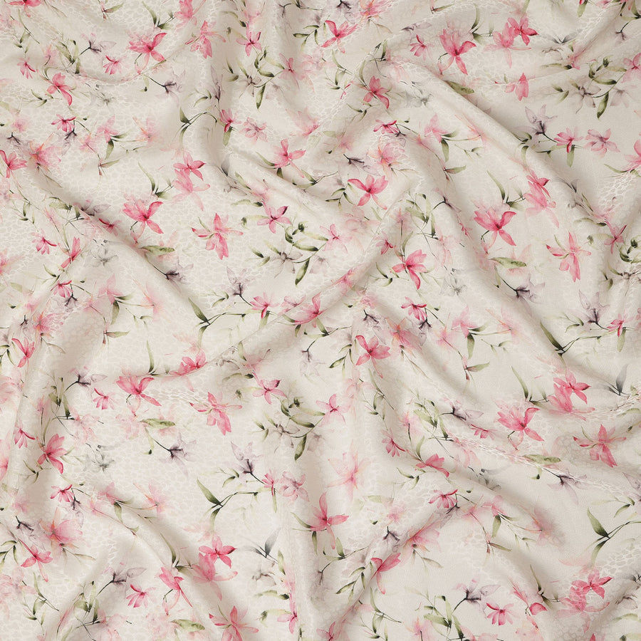 Off White Pink Floral Printed Viscose Crepe Fabric 110 Cms Width Soft Flowing Lightweight Dress Material India-D27913
