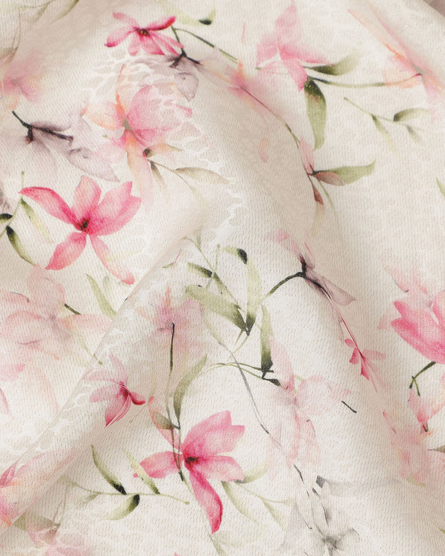 Off White Pink Floral Printed Viscose Crepe Fabric 110 Cms Width Soft Flowing Lightweight Dress Material India-D27913