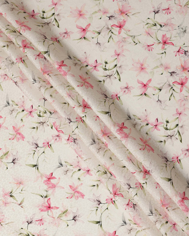 Off White Pink Floral Printed Viscose Crepe Fabric 110 Cms Width Soft Flowing Lightweight Dress Material India-D27913