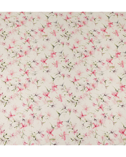Off White Pink Floral Printed Viscose Crepe Fabric 110 Cms Width Soft Flowing Lightweight Dress Material India-D27913