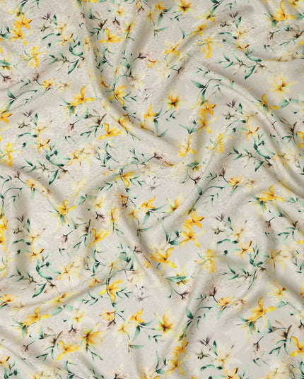 Cream Yellow Floral Printed Viscose Crepe Fabric 110 Cms Width Soft Flowing Lightweight Dress Material India-D27912