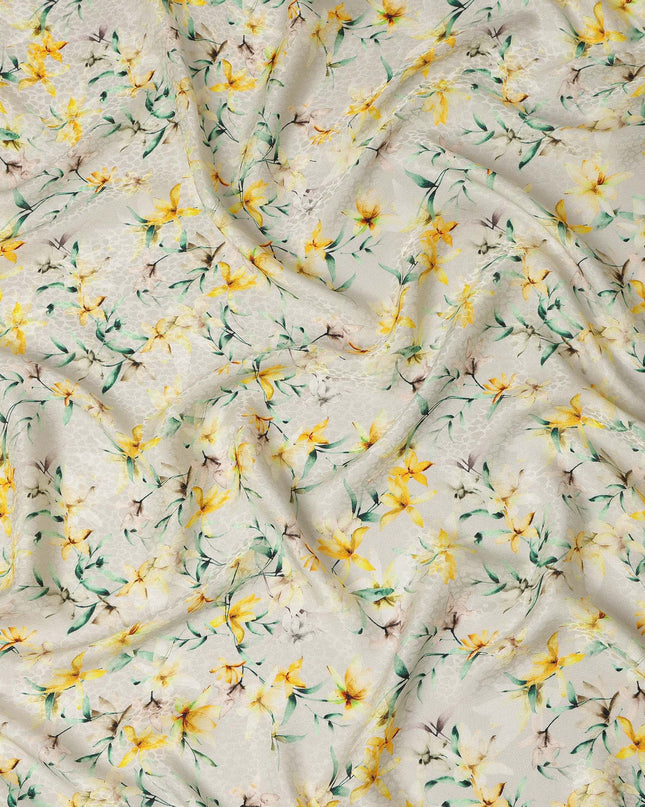Cream Yellow Floral Printed Viscose Crepe Fabric 110 Cms Width Soft Flowing Lightweight Dress Material India-D27912