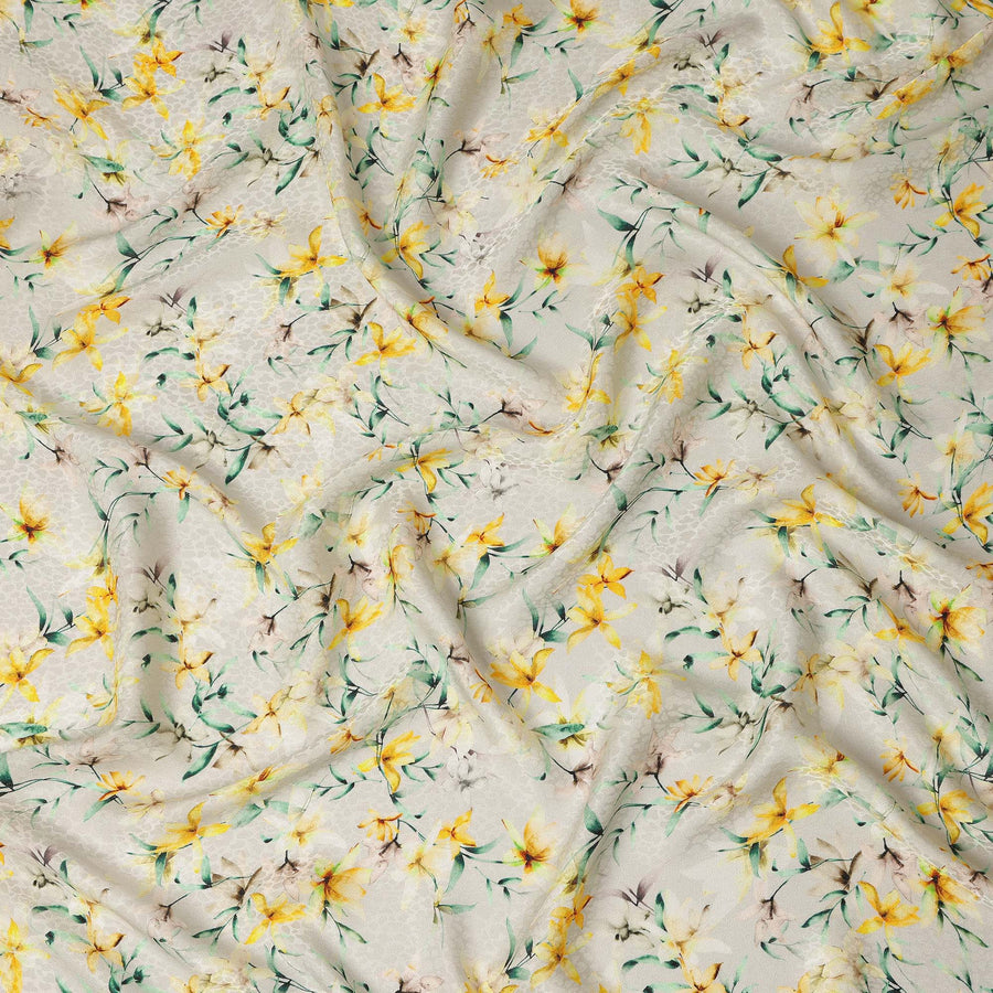 Cream Yellow Floral Printed Viscose Crepe Fabric 110 Cms Width Soft Flowing Lightweight Dress Material India-D27912