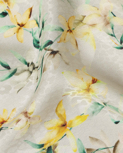 Cream Yellow Floral Printed Viscose Crepe Fabric 110 Cms Width Soft Flowing Lightweight Dress Material India-D27912