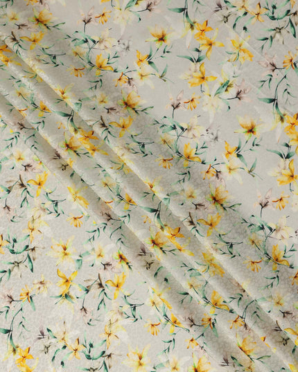 Cream Yellow Floral Printed Viscose Crepe Fabric 110 Cms Width Soft Flowing Lightweight Dress Material India-D27912