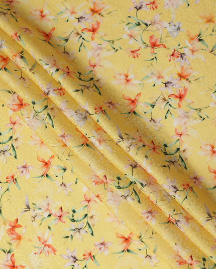 Lemon Yellow Floral Printed Viscose Crepe Fabric Multicolor Blossom Nature Design Soft Flowing Dress Material 110 Cms Width India-D28026