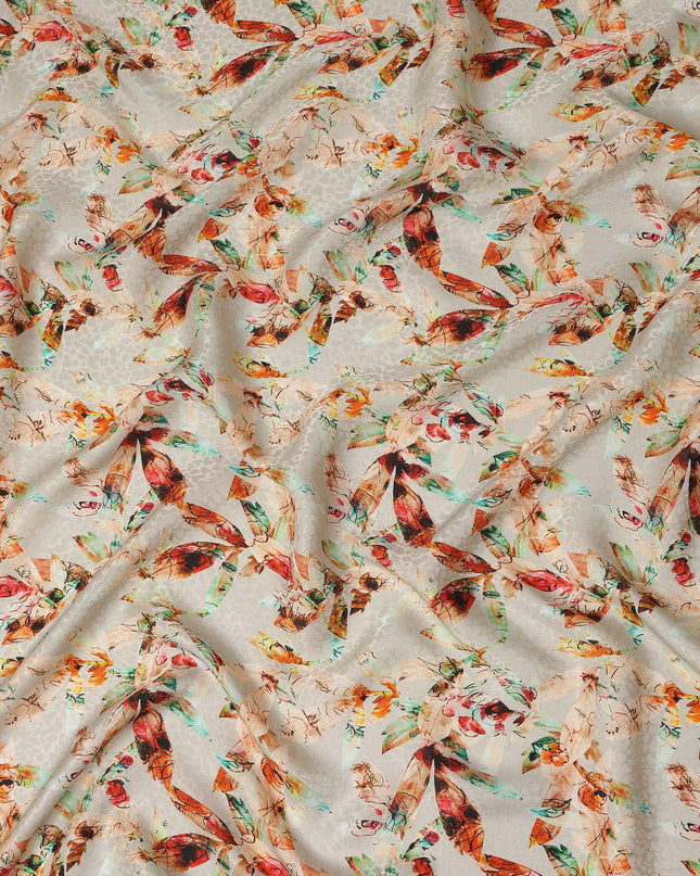 Off White Abstract Bird Printed Viscose Crepe Fabric Multicolor Artistic Nature Design Soft Flowing Dress Material 110 Cms Width India-D28024